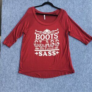 Boots Class Sass Graphic Tshirt Womens Large Burgundy Hi-Lo Hem 3/4 Sleeve USA